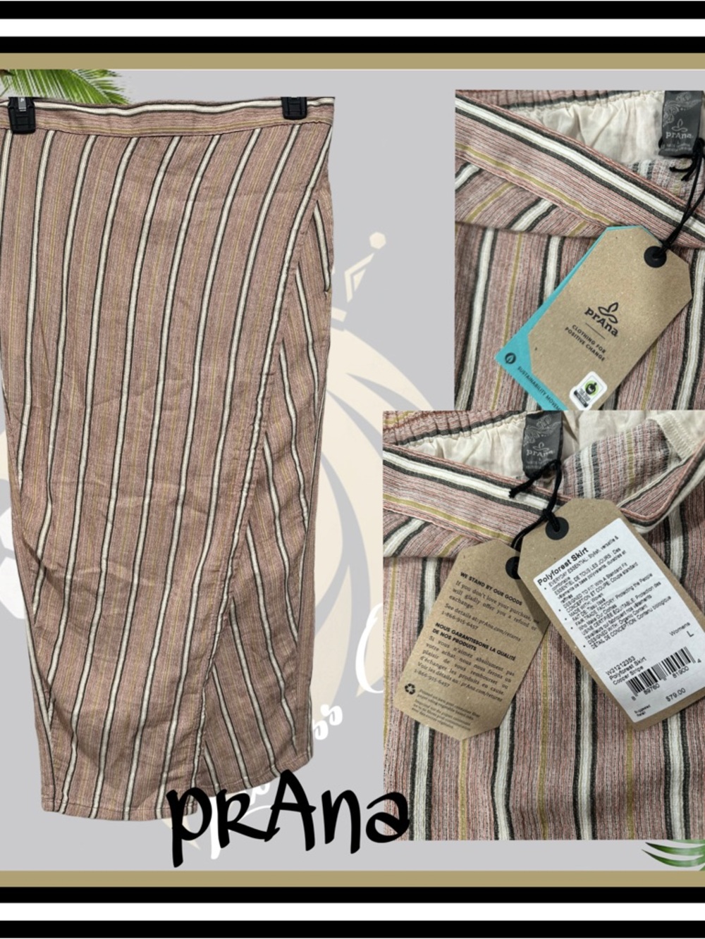 NWT prAna Women's Polyforest Organic Striped Midi skirt size L FGWP!
